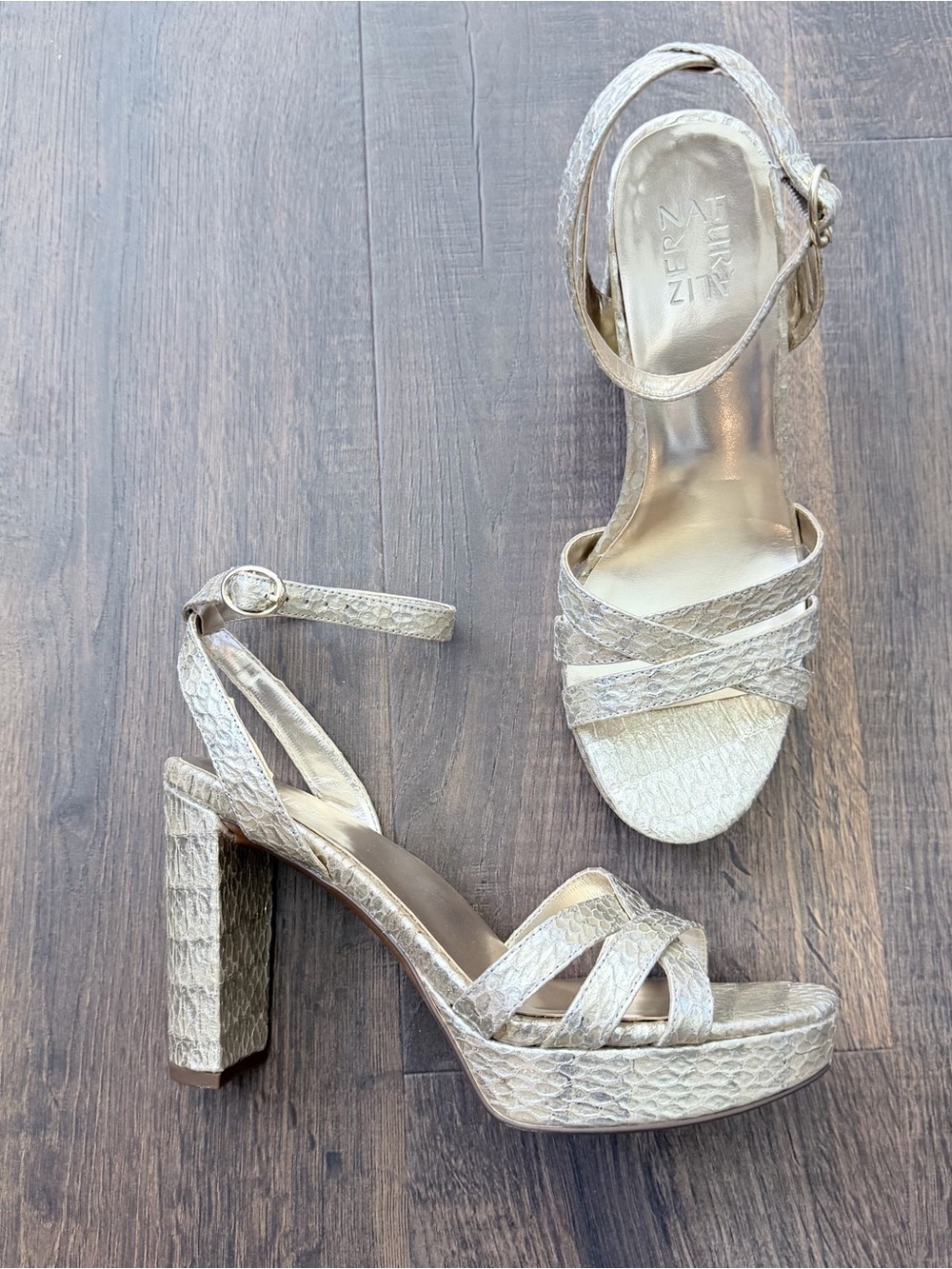 Naturalizer Mallory Platform Heeled Sandals | Gold Snake | Size: 9.5 Wide - Picture 9 of 10